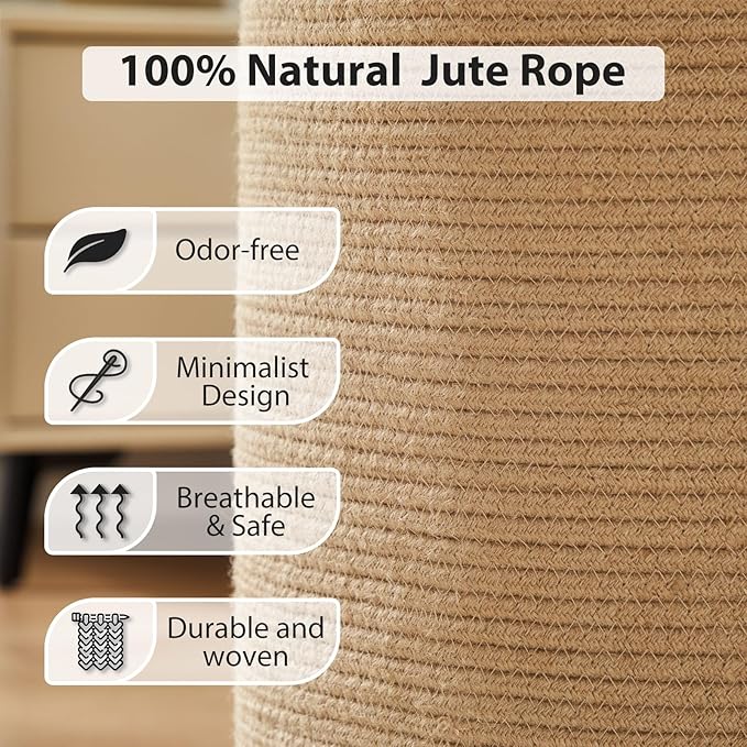 Jute Woven Rope Laundry Hamper, Tall Laundry Basket - Image 3