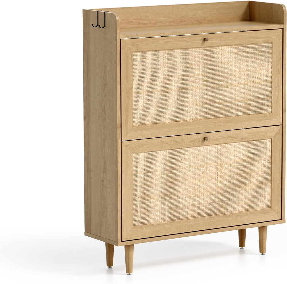Rattan Storage Shoe Cabinet with 2 Flip Drawers Set of 2, Farmhouse Freestand...