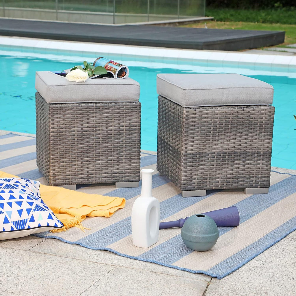 Patiorama 2 Pieces Assembled Outdoor Patio Ottoman, Grey Wicker, Light Grey