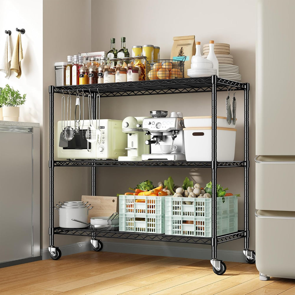 DurayLoly 45" W 3-Tier Metal Shelf on Wheels,450lbs,Kitchen, Laundry,Garage
