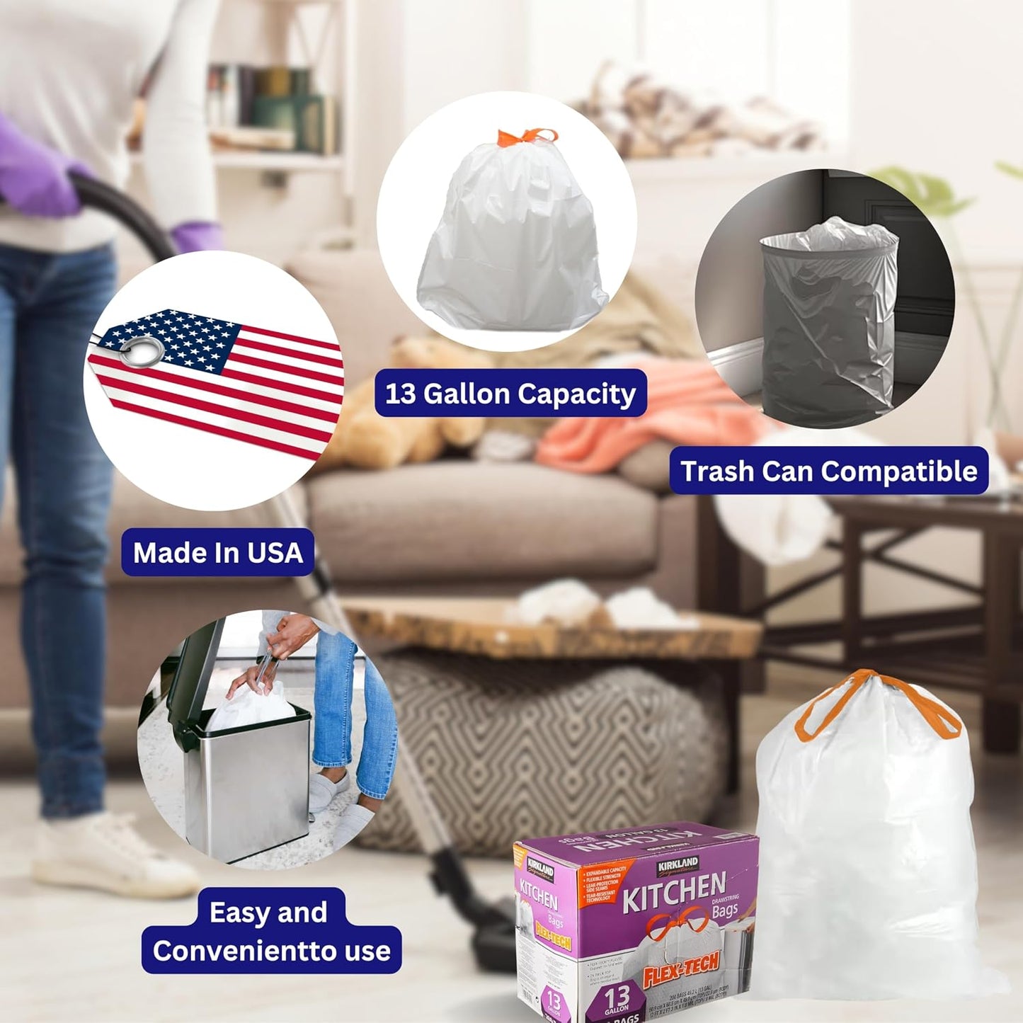 Worldwide Nutrition Bundle Compatible with Kirkland Signature Flex-Tech 13 Gallon Kitchen Garbage Bags with Drawstring Closure - 200 Count Pack of Tall Trash Bags for Kitchen with Keychain