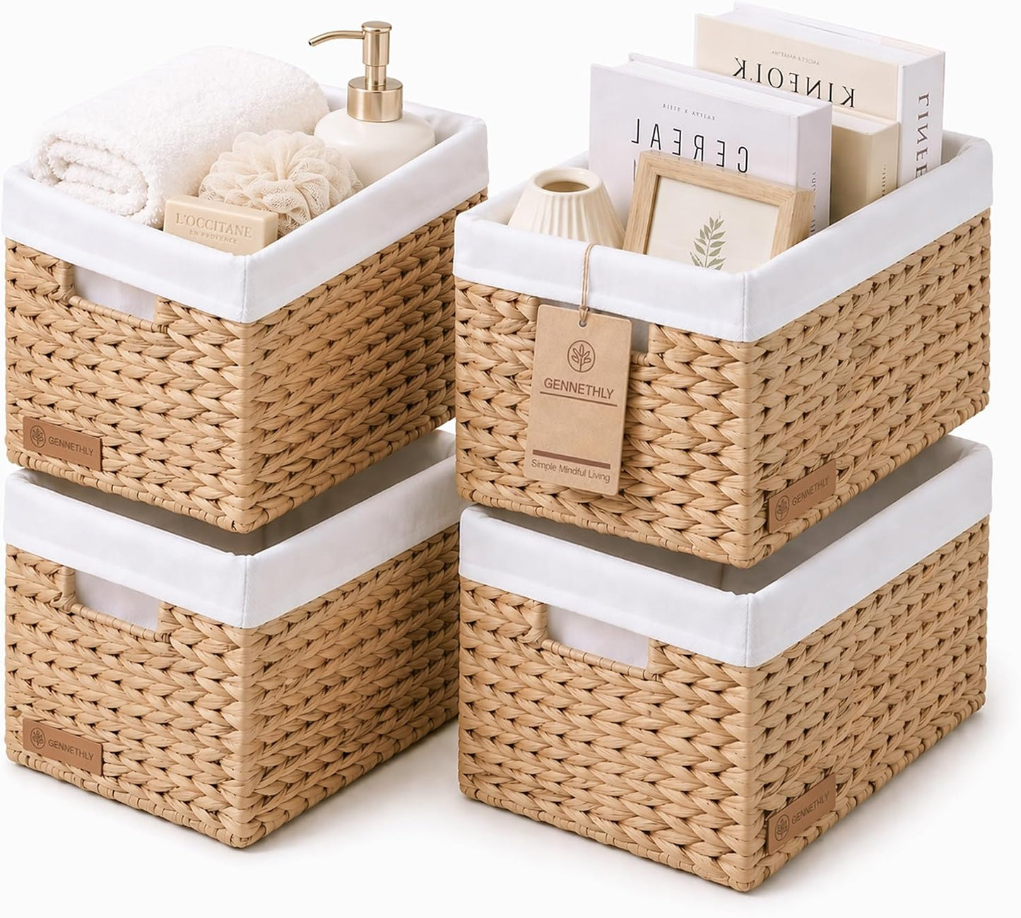 Water Hyacinth Wicker Baskets for Storage, Handwoven Rattan Shelf Basket for Organizing Pantry Closet Bedroom, 100% Natural Decorative Woven Organizer with Handles and Waterproof Canvas, 4 Pack