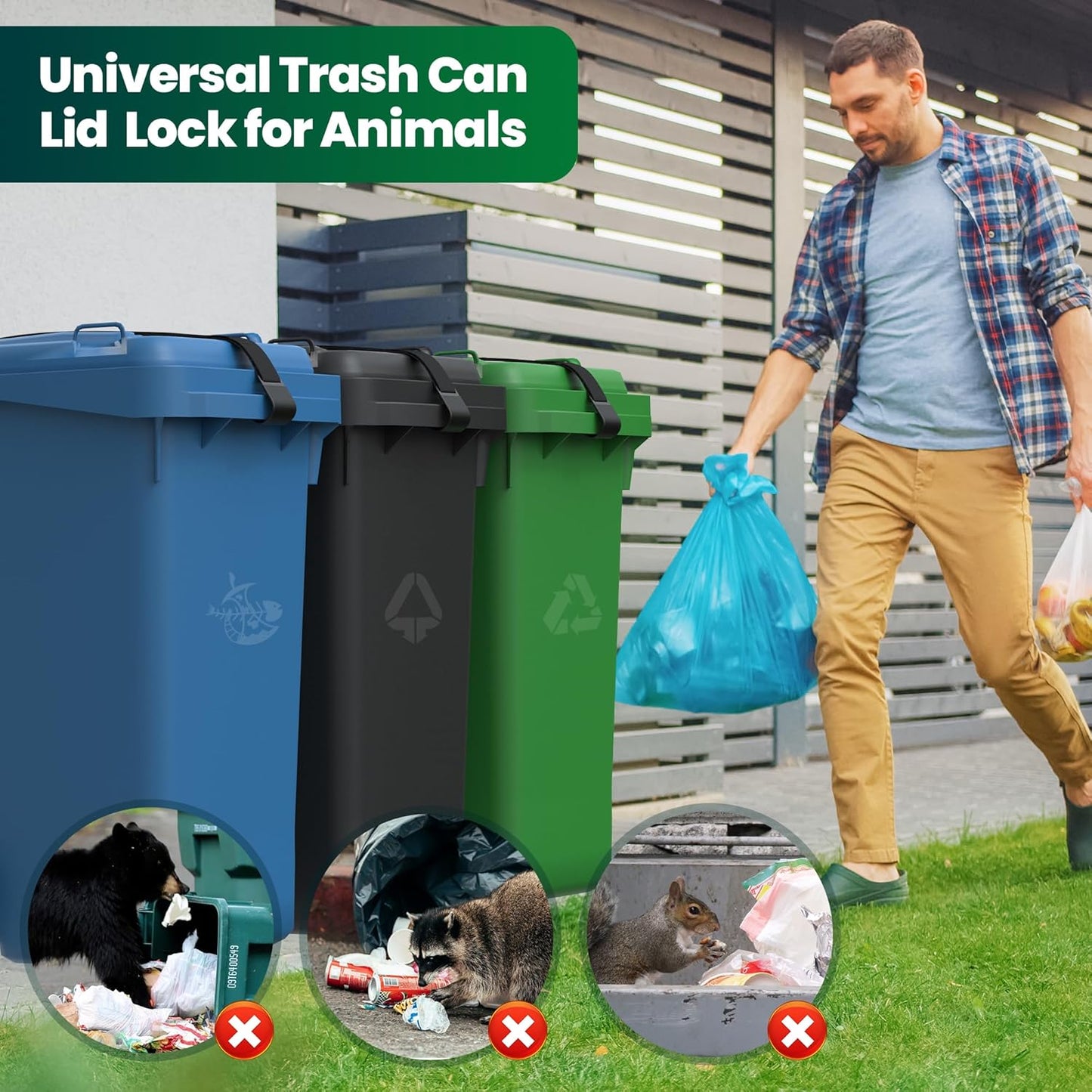 1 Pack Metal Double Claw Trash Can Lid Lock for Animals,Outdoor Trash Can Lock Straps for Raccoons,Bungee Cord Garbage Bin Lock for Bear Proof,Prevent Racoon and Wind from Trash Bin（Black)