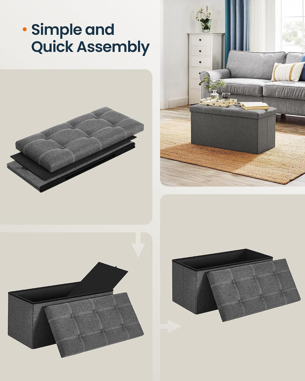 SONGMICS HOME Storage Ottoman, 21 Gallons End of Bench, 15.2 x 30.2 x 15.2 In...