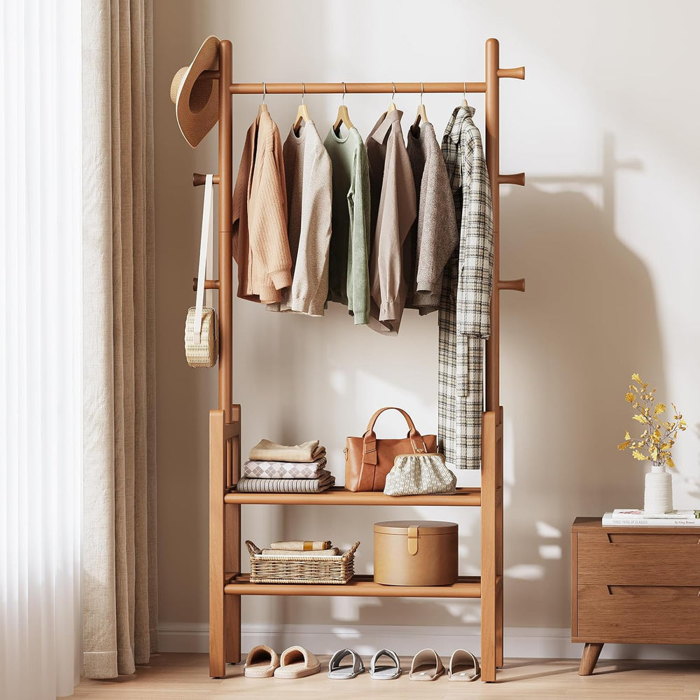 Yoobure Solid Wood Clothing Rack with Shelves - Coat Rack Freestanding with 6...