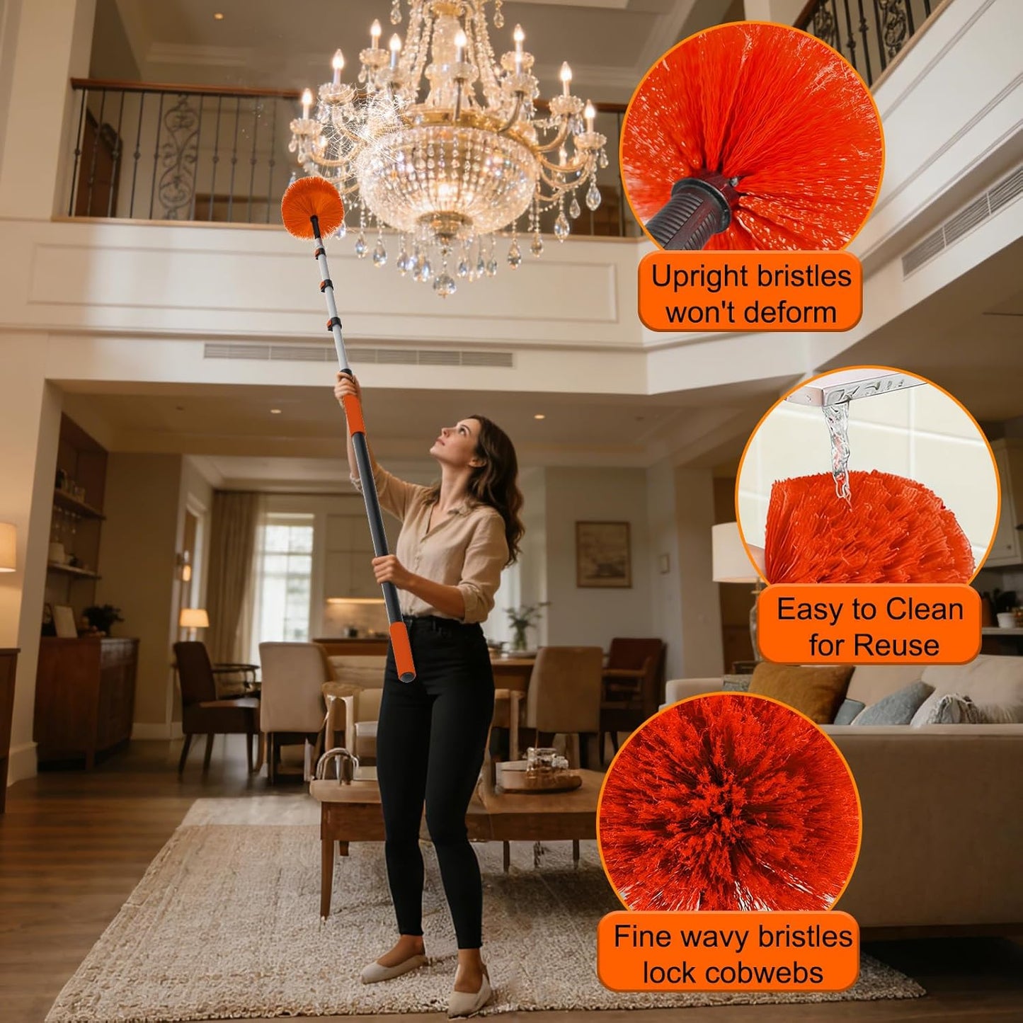 26FT Reach Cobweb Duster with Extension Pole - Spider Web Brush for Cleaning with 5-20FT 4-Section Flip-Lock Telescopic Pole, Effortlessly Cleans High Indoor & Outdoor Webs