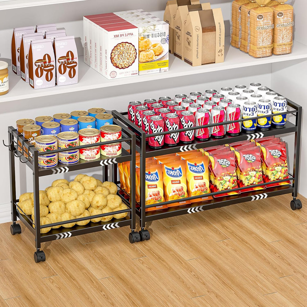 1 Pack 2-Tier Expandable Pantry Floor Organizer Cart, Rolling Pantry Storage ...