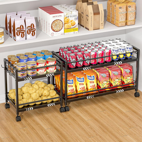 2-tier expandable pantry floor organizer cart, rolling pantry, main product view