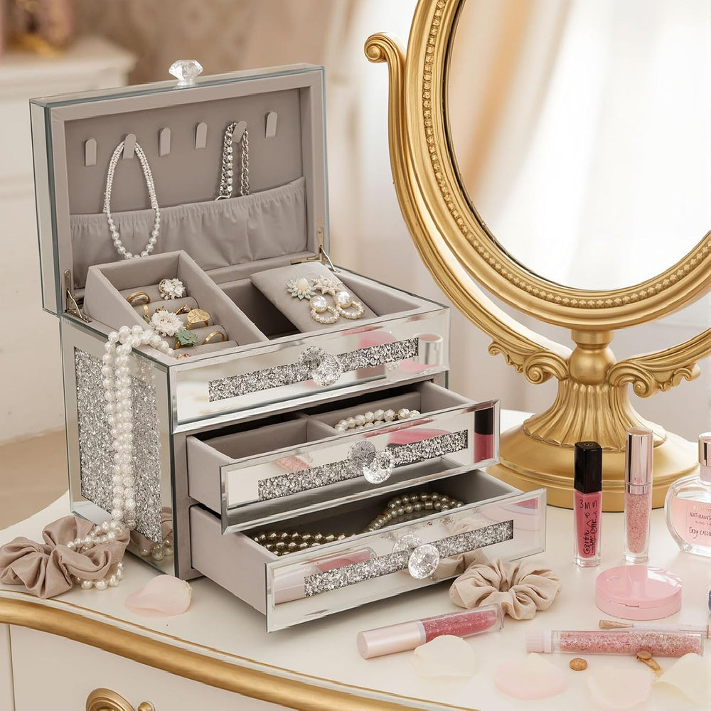 Kenning Glass Mirrored Jewelry Box for Women 3 Layer 2 Drawer Crushed Diamond...