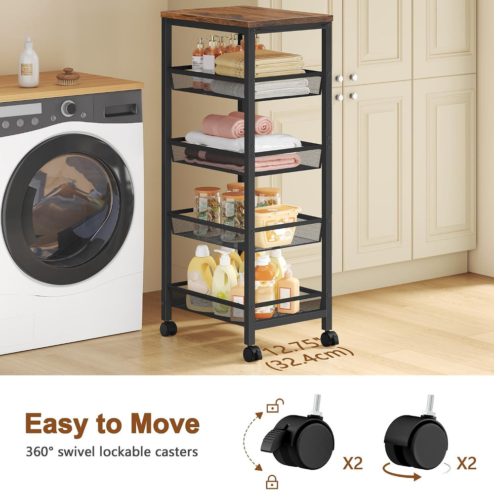 Hoctieon Rolling Storage Cart, 5-Tier 11.8" Wide Panel Kitchen Storage C...