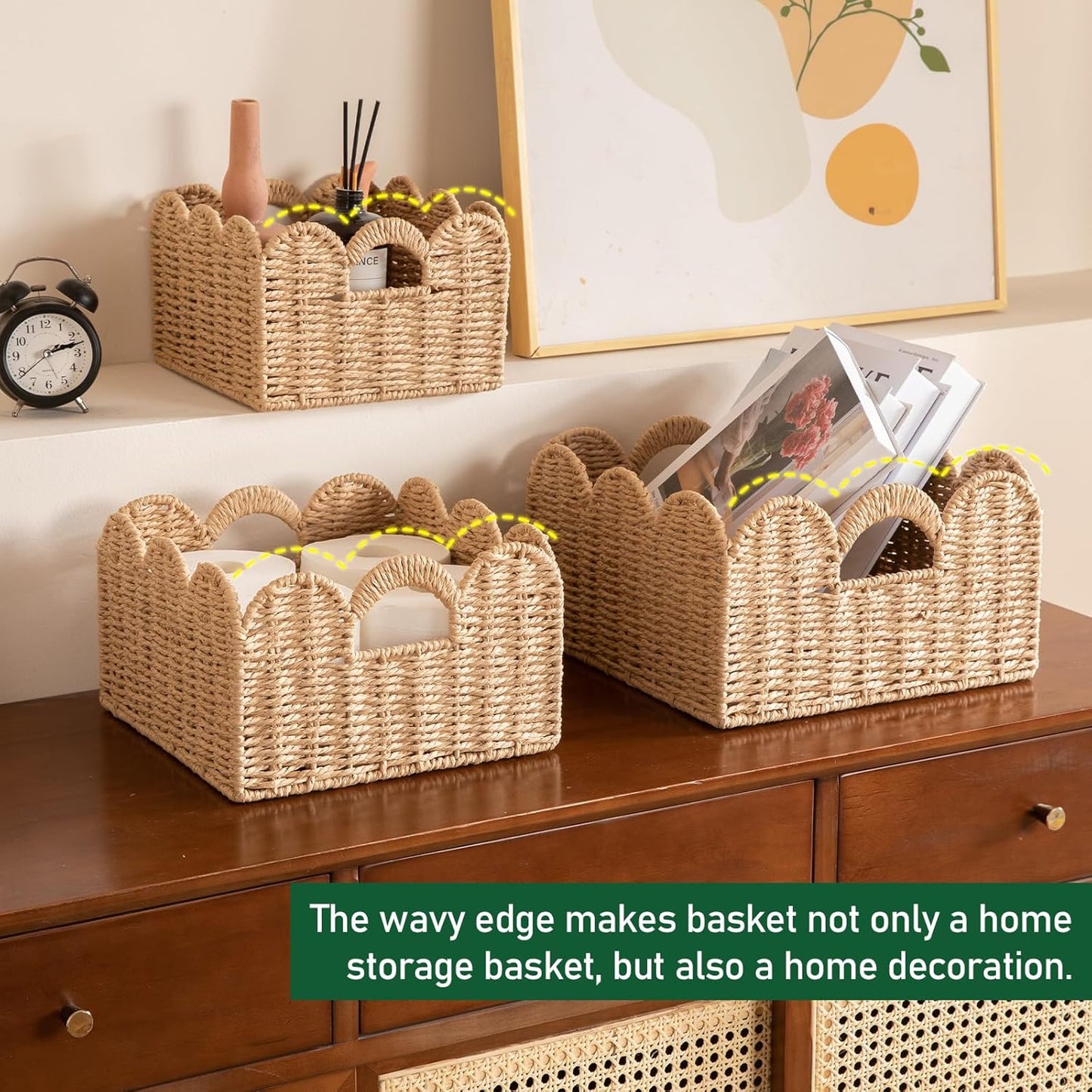 OIAHOMY Scalloped Wicker Baskets, Hand-woven Storage Baskets with Built-in Handles, Paper Rope Shelf Baskets for Organizing and Decoration, Set of 3-Yellow
