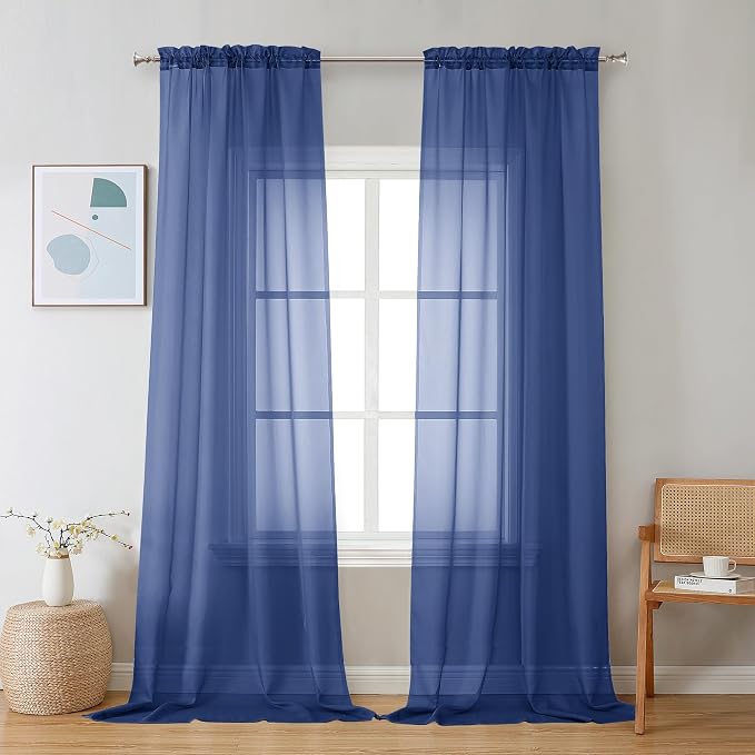 Chyhomenyc Royal Blue Sheer Curtains 96 inches Long 2 Panels, Light Filtering by Chyhomenyc