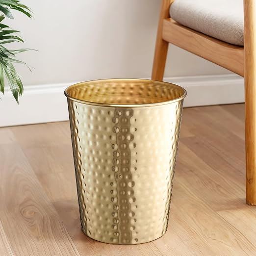 Monarch Abode Brushed Gold Hand Hammered Metal Wastebasket - Image 5