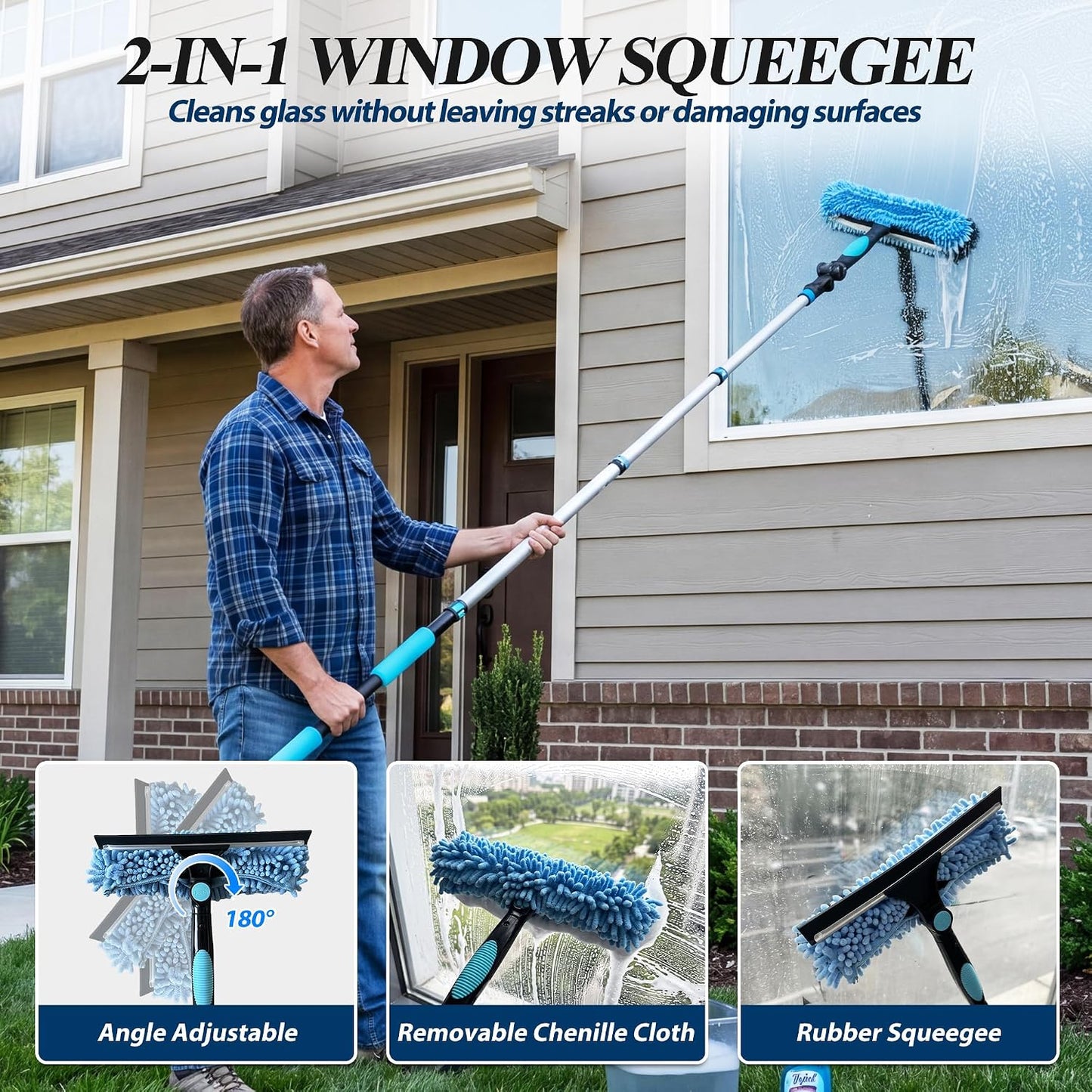 COVERONICS 20FT High Duster Cleaning Tools with 3-12FT Extension Poles - Reusable Fan Duster Cleaning Kits with Ceiling Fan Cleaner Duster, Window Squeegee, Microfiber Feather Duster & Cobweb Duster
