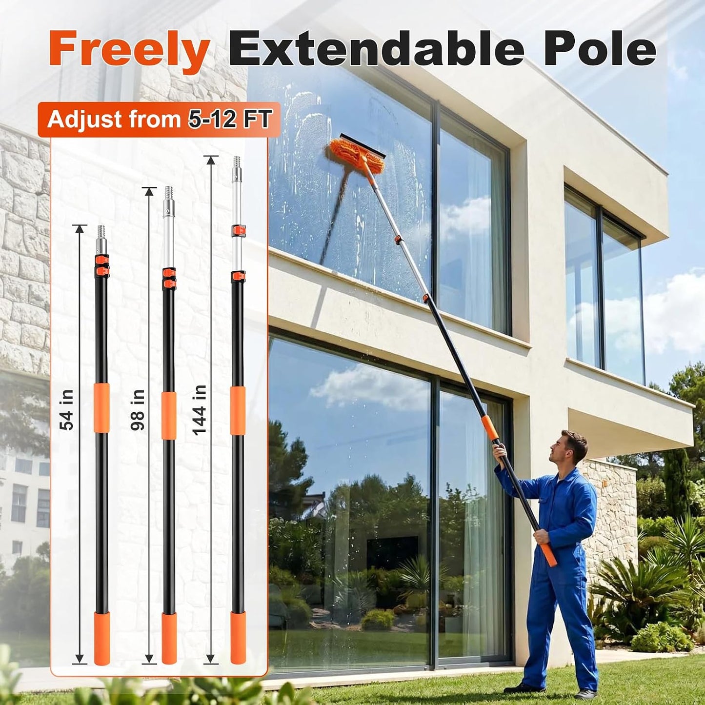 20 Foot High Ceiling Fan Cleaner Duster Kit with 5-12ft Heavy Duty Extension Pole, Microfiber Feather Duster, Cobweb Duster, Ceiling Fan Duster and Window Squeegee, Long Dusters for Cleaning