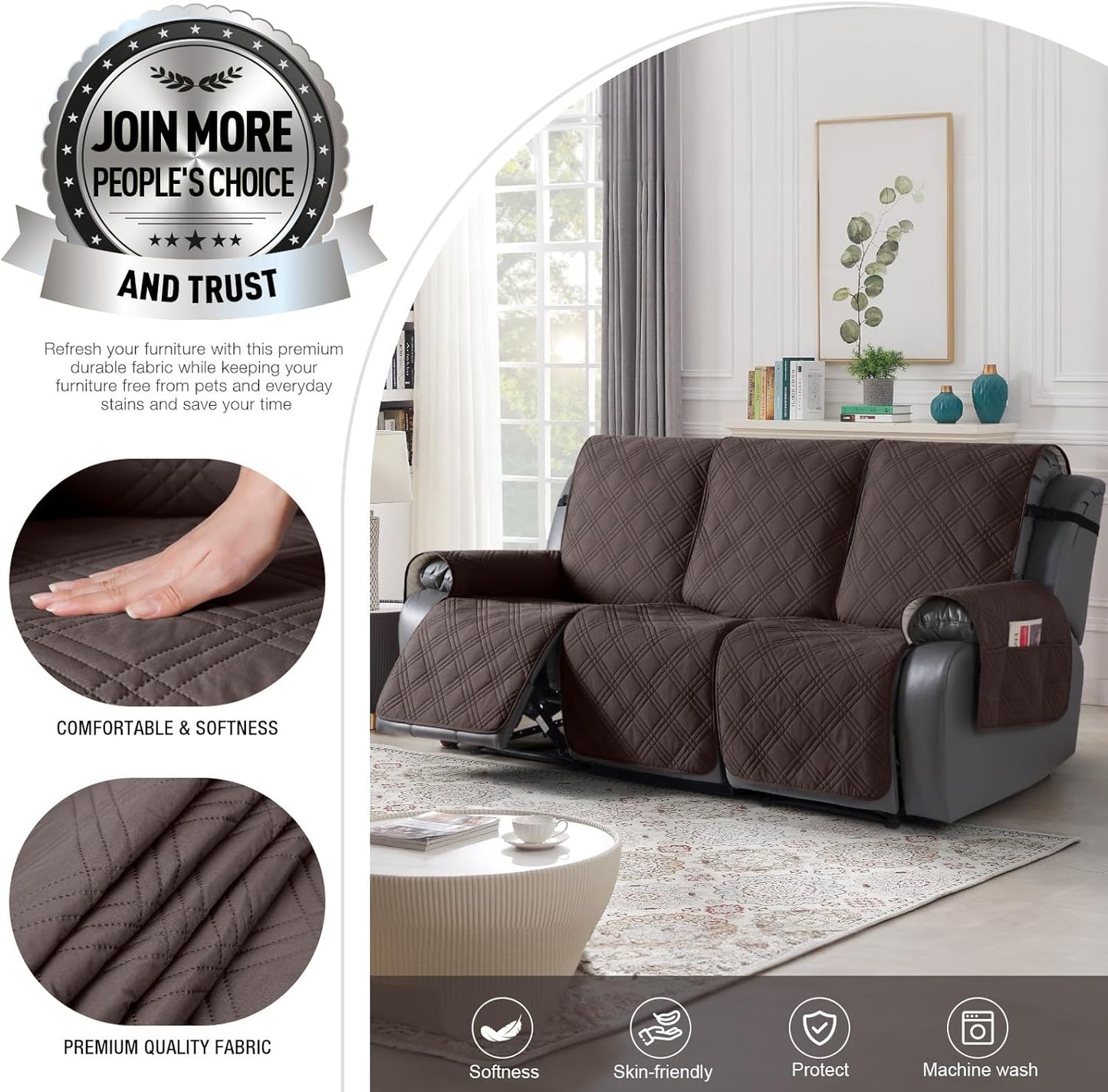TAOCOCO 100% Waterproof Recliner Sofa Cover Non Slip Couch Cover for 3 Seat Reclining Sofa, Split Reclining Couch Covers 3-Piece with Straps, Washable Sofa Slipcover for Kids Pets(3 Seater, Chocolate)