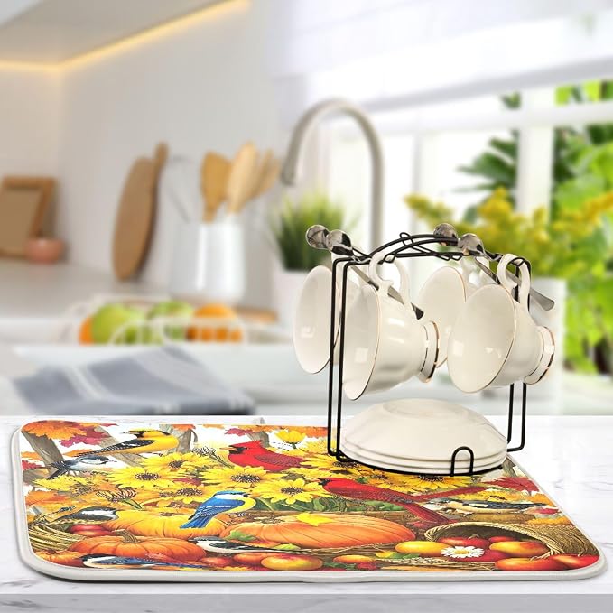 Fall Birds Dish Drying Mat for Kitchen Countertop 18x24 Autumn Pumpkin - Image 5