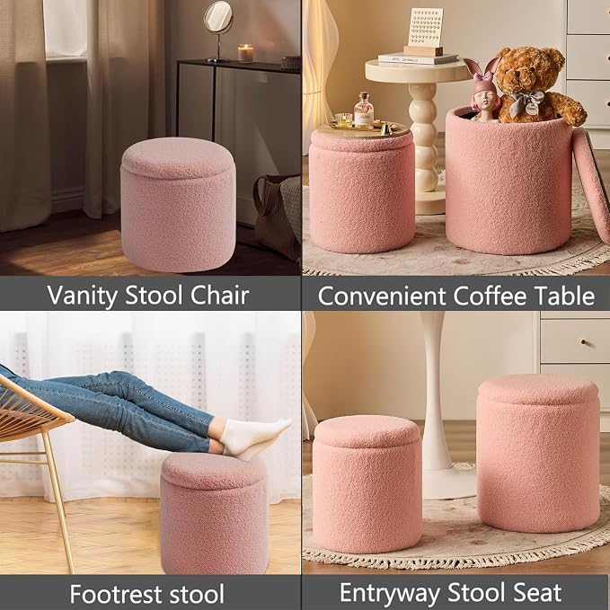 Round Ottoman with Storage Set of 2-Upholstered Sherpa Vanity Stool - Image 6