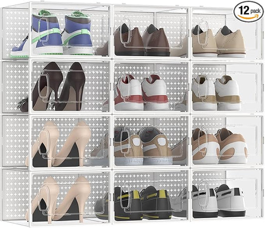 12 Pack X-Large Modular Clear Plastic Stackable Shoe Storage Organizer by FJFEOIYE