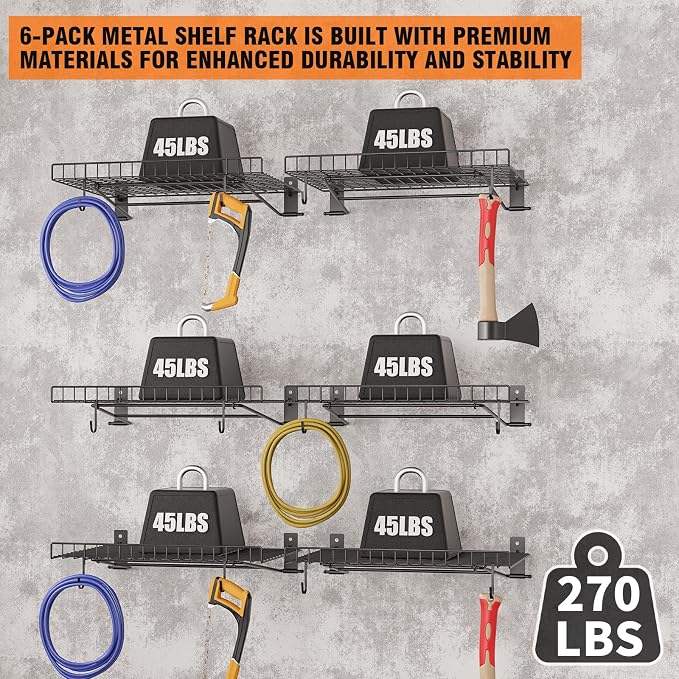 6 Pack Foldable Wall Shelf, Wall Mounted Garage Storage Shelves, Heavy Duty - Image 5