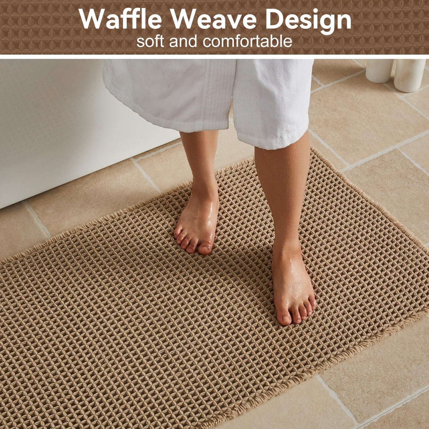 Triohero Waffle Bath Mat, Small Boho Bathroom Rugs Non Slip Washable, Ultra Soft Super Absorbent Quick Dry Farmhouse Bathroom Decor, 16" x 24", Khaki
