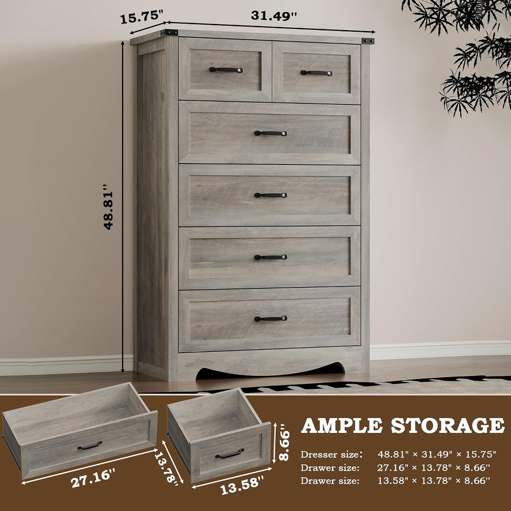BORNOON Tall 6-Drawer Dresser for Bedroom, Modern Wooden Chest of Drawers wit...