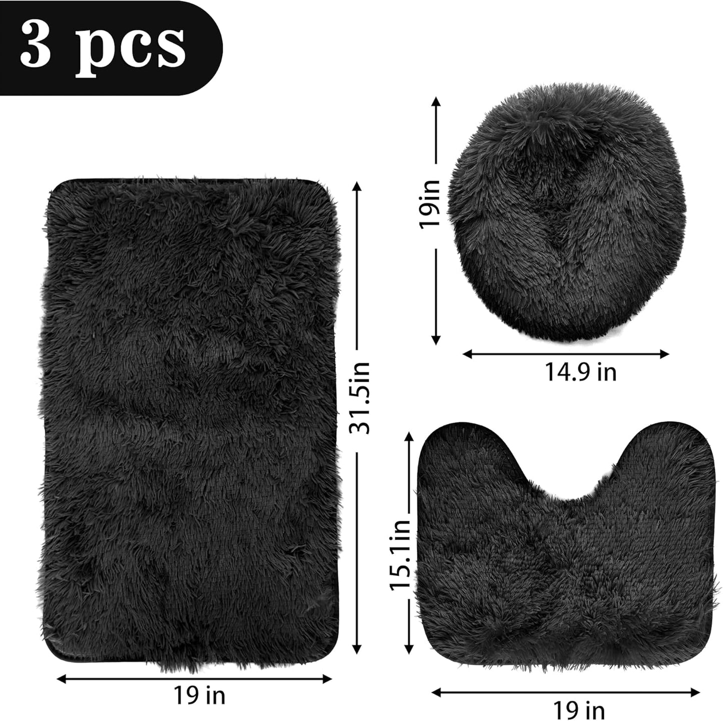 Black Bathroom Rugs Sets 3Piece Bath Mat Solid Bath Rug Floor Mats Washable Shower Rug with U-Shaped Contour Rug Toilet Lid Cover