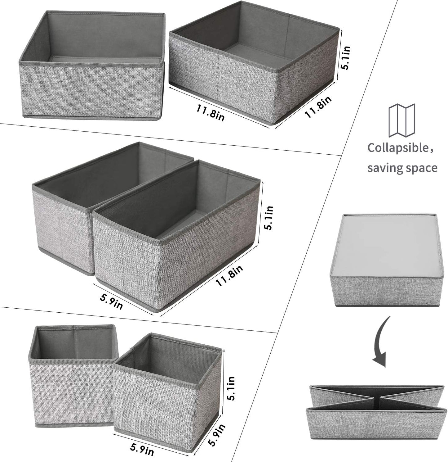 Foldable Underwear Drawer Organizer, Closet Dividers, Storage Box for Clothes, Socks (6 Bins, Gray) (Pack of 2)