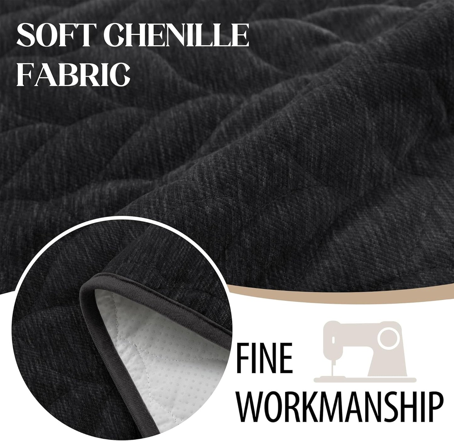 JIUZHEN Couch Cover for Dogs Chenille Quilted Couch Covers for Pets Washable Sofa Protector for 3 Cushion Cover Non Slip Sofa Slipcover with Straps(34" x 74", Black)