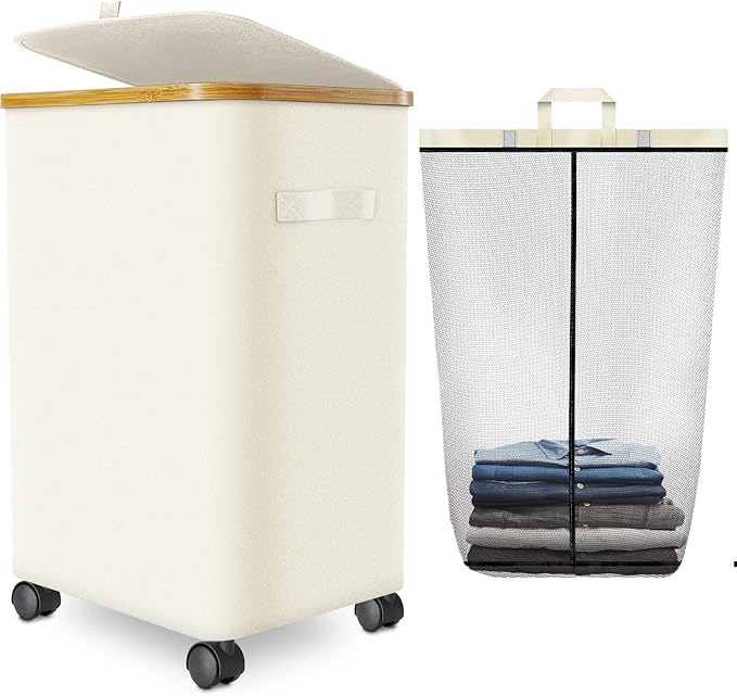Laundry Hamper with Wheels, 20 Gal Laundry Basket with lid Rolling Clothes by Wuevu