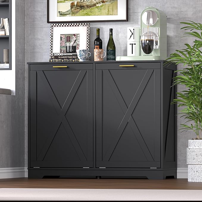 Tilt Out Trash Can Cabinet for 2 Bins, Hidden Recycle Garbage Bin Enclosure - Image 3