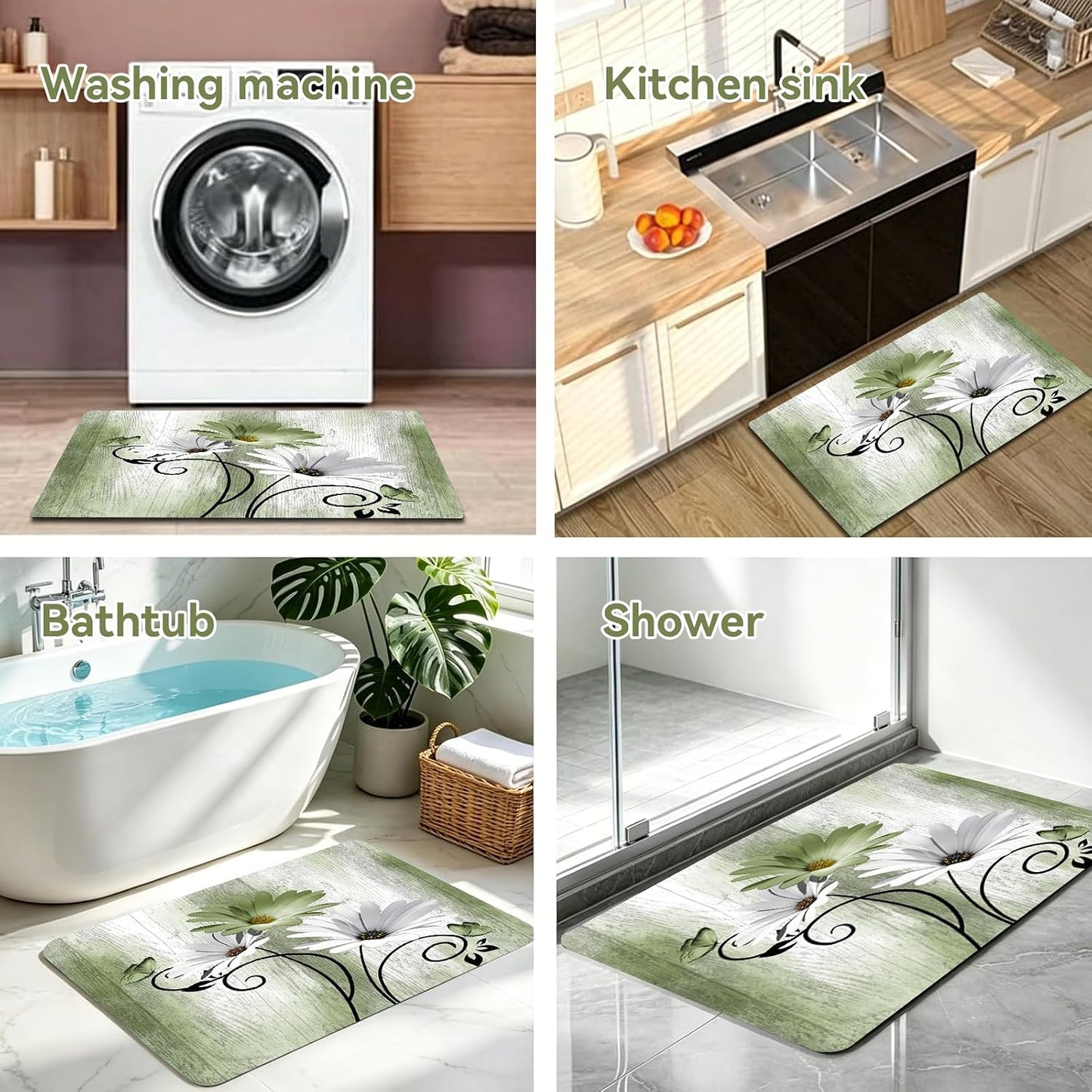 Onalasyc Bathroom Rug Sets 3 Piece,Green Daisy Rustic Farmhouse Flowers Butterfly Bath Rug Non Slip Quick Dry Diatomaceous Earth Bath Mat Wood Vintage Decor Washable Suitable for Bathroom,Tub,Shower