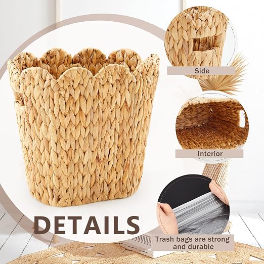 2 Pcs Wicker Trash Can with 50 Small Trash Bag Wicker Waste Woven Basket with - Image 3