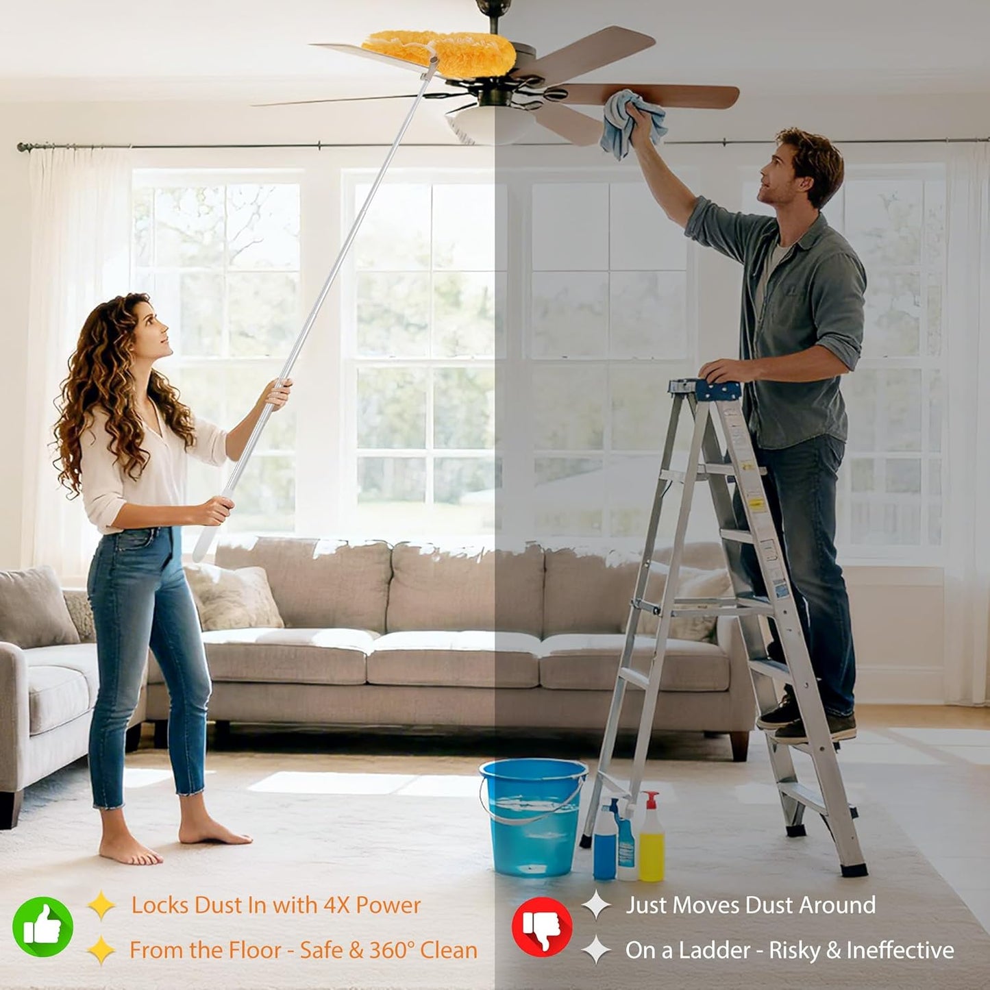 6 ft Extendable Duster Handle with 20 Pcs, 360° Heavy Duty Duster Refills Kit for Swiffer, 4X Electrostatic Microfiber for Cleaning Home, Effortlessly Reach Ceilings, Fans & Hard-to-Reach Areas