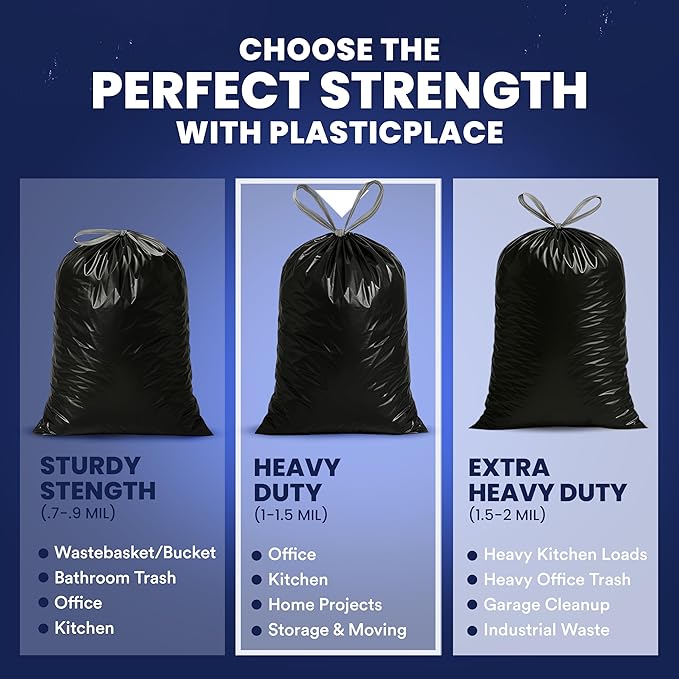 Plasticplace 13 gallon Extra Tall Drawstring Kitchen Trash Bags | Black 1.2 Mil - Image 6