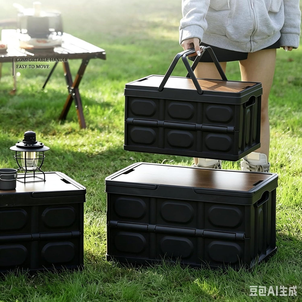 Collapsible Storage Bin with Wood Lid, Stackable Camping Storage Box for Car ...