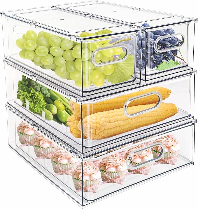 MineSign 4 pack Stackable Refrigerator Organizer Bins Pull-Out Drawers by MineSign