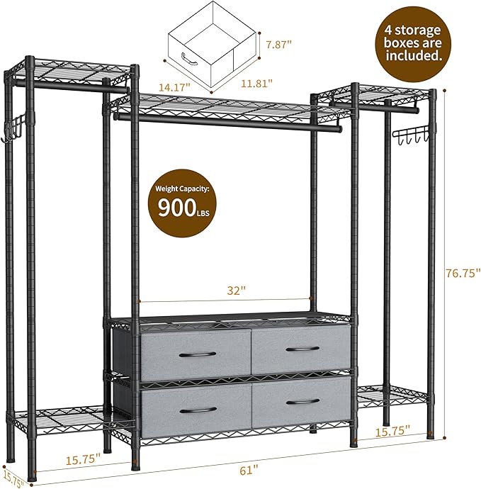 Large Garment Rack Heavy Duty Clothes Rack, Freestanding Closet Portable - Image 3