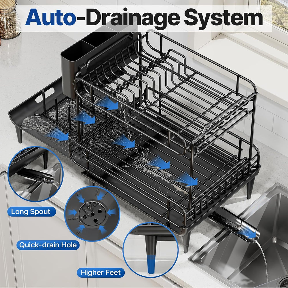Urackify Dish Drying Rack for Kitchen Counter, Expandable 2 Tier Dish Rack, L...