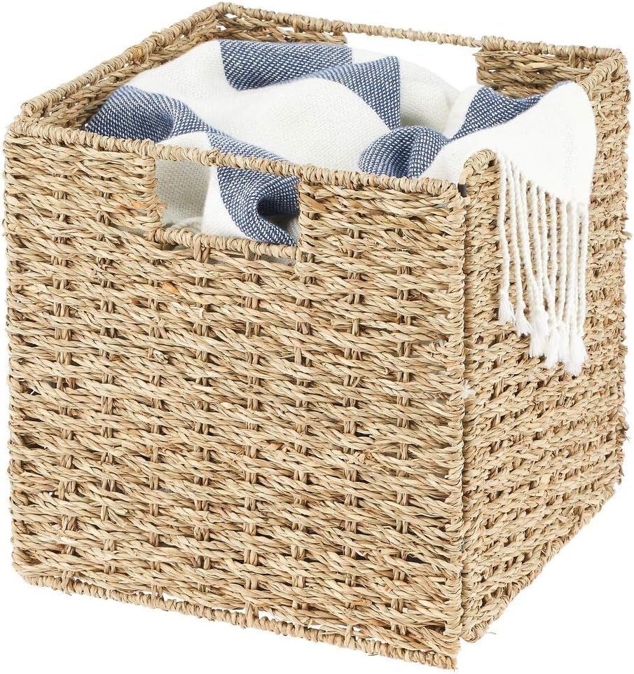 mDesign Seagrass Woven Cube Basket Organizer with Handles - Storage for Bedro...