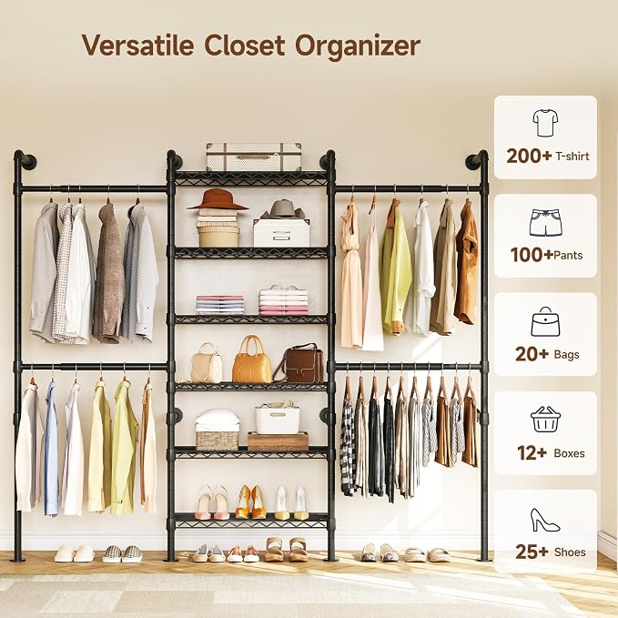 ONBRILL H3 Wall Mounted Closet System, Expandable Industrial Pipe Clothes Rack - Image 9