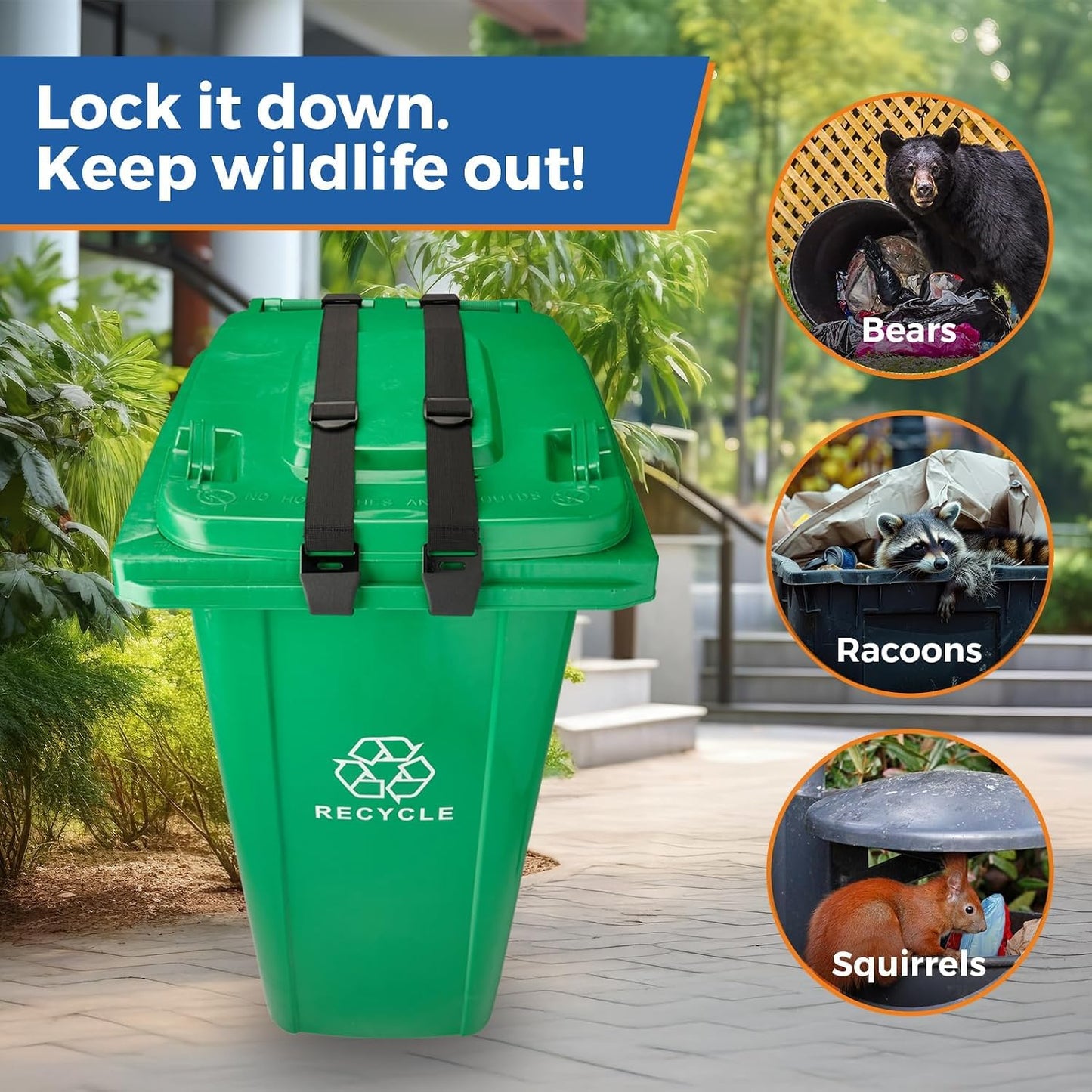2PCS Bear Proof Trash Can Lock with Double Metal Claw - Heavy Duty Garbage Can Locks for Animals - Adjustable Strap Lid Lock for 32-96 Gallon Outdoor Cans - Secure Against Raccoons & Squirrels