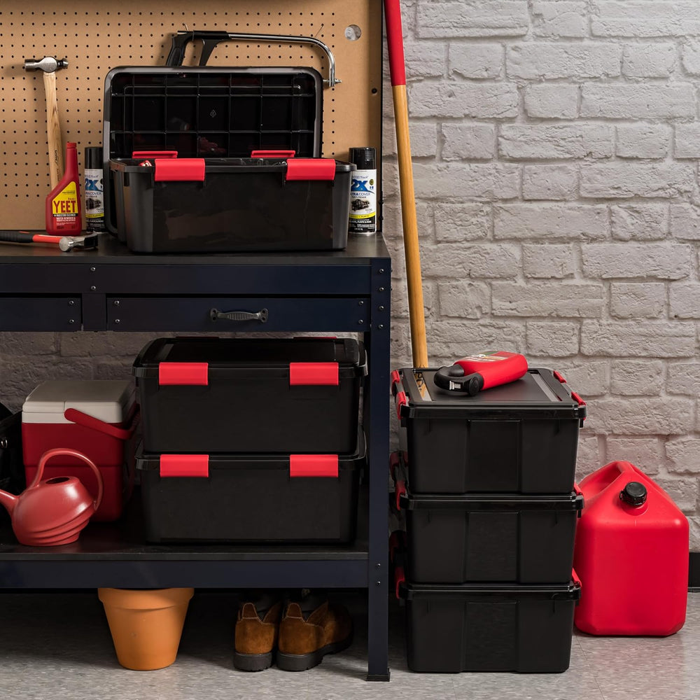 IRIS USA 6-Pack 31 Qt Storage Bins with Gasket Lids, Black/Red