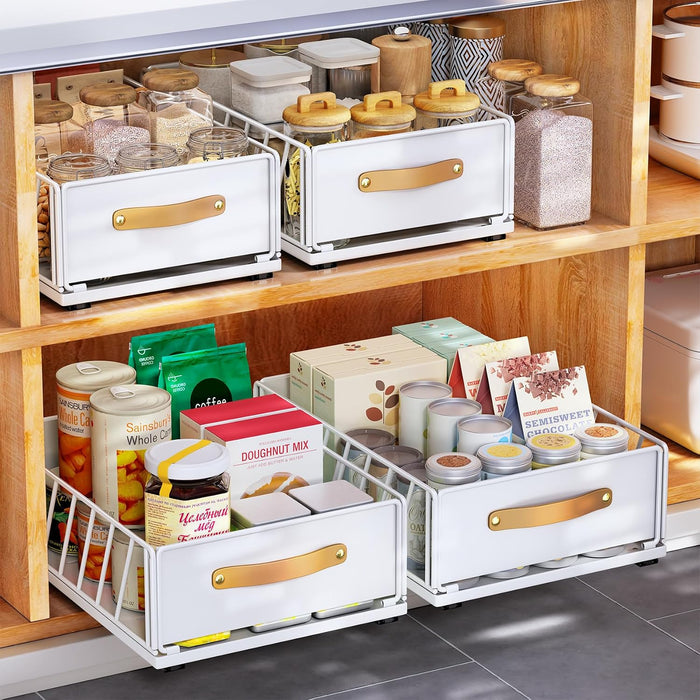 Pull out Cabinet Organizer,Heavy Duty Slide out Pantry Shelves Drawer Storage with Adhesive Nano Film,Sliding Mesh Cabinet Basket with Handle for Kitchen, Bathroom, Home, 9.8"W X 15.7"D X 6.2"H,White
