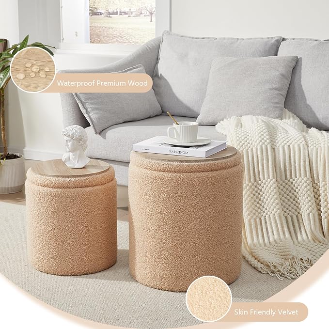 Boucle Round Ottoman with Storage Set of 2, Small Foot Stool Ottoman - Image 6