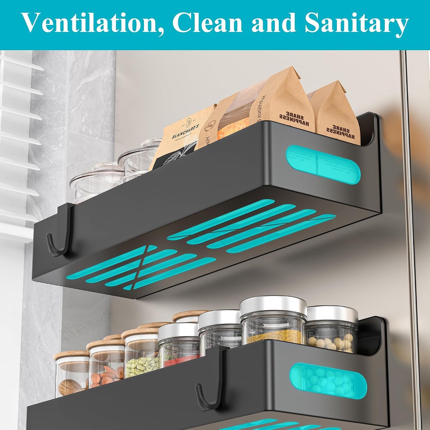 Black Magnetic Spice Rack for Refrigerator, 4 Pack | Kitchen Magnetic Shelf for Fridge, Spice Organizer and Storage, Baby Bottle Holder for Fridge, Magnetic Tea Bag Organizer
