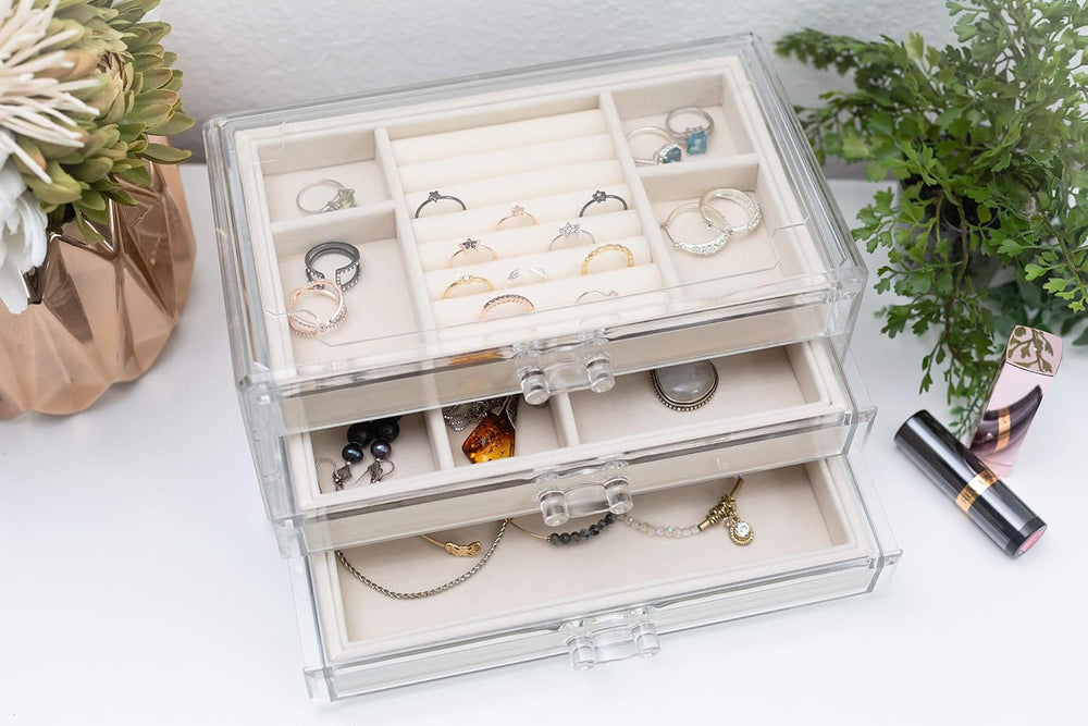 Acrylic Jewelry Organizer Box Women - 3 Drawers Clear Storage Case for Girls ...