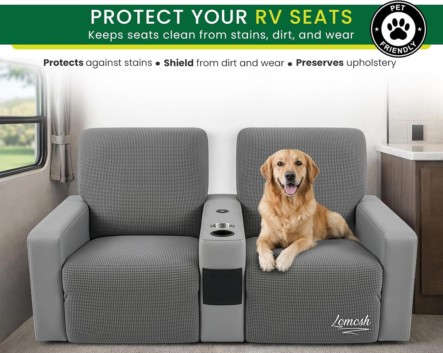 RV Recliner Covers Set of 4 for Loveseat – Stretch RV Theater Seating Covers Compatible with Thomas Payne RV Recliners – Camper Loveseat Cover for Travel Trailer, Motorhome & RV Furniture (Gray)