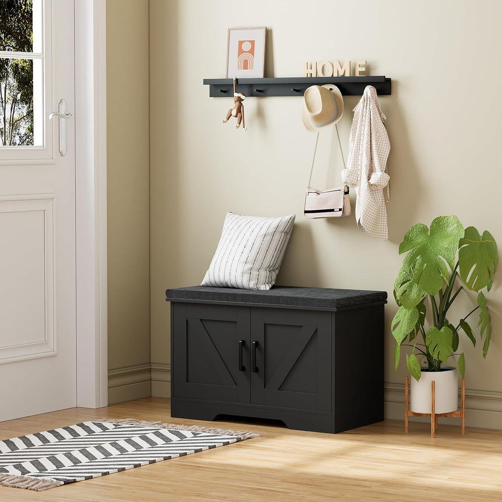 HOMSHO Farmhouse Shoe Storage Bench with 2 Barn Doors & Padded Seat Cushion