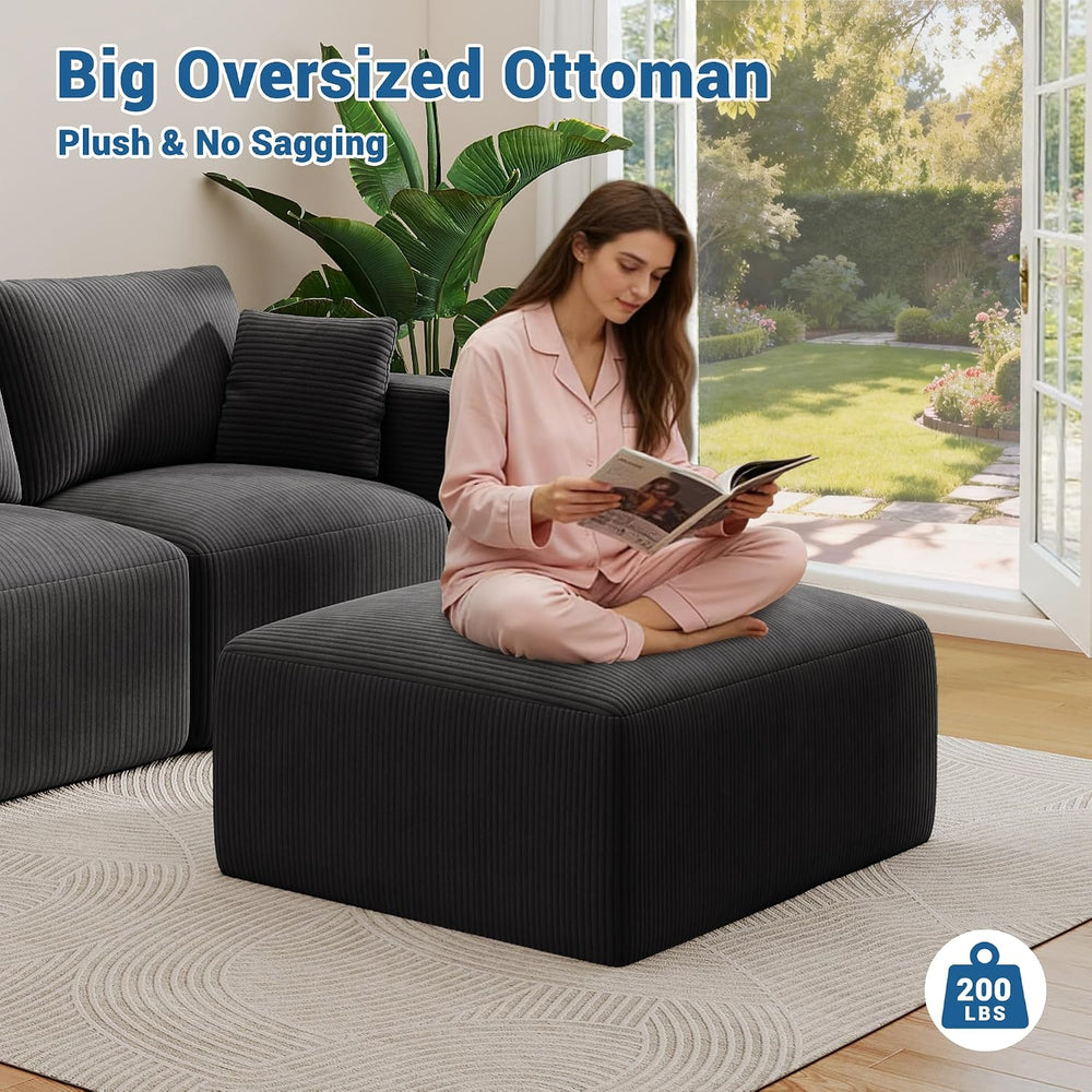 40" Oversized Square Corduroy Ottoman, Large Ottoman Pouf Footstool, Black